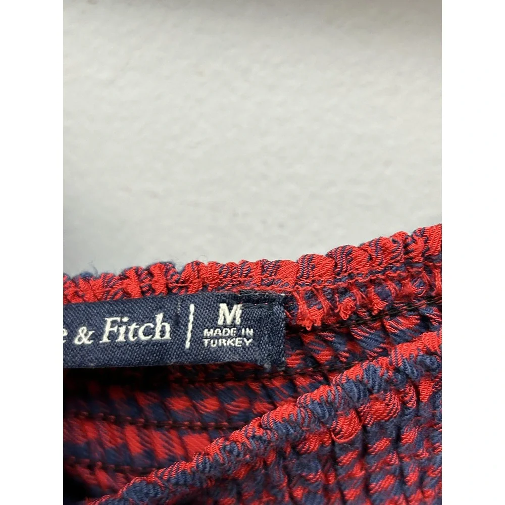 Abercrombie & Fitch Top Womens Medium Red Navy Plaid Smocked Cropped Square Neck